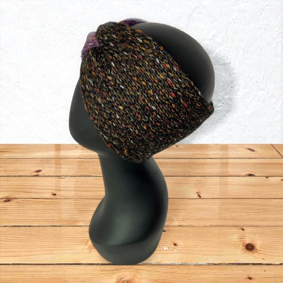 Handmade Cotton Alpaca Tweed Knit Twist Ear Warmers Purple Iris & Black Charcoal - Picture 8 of 10